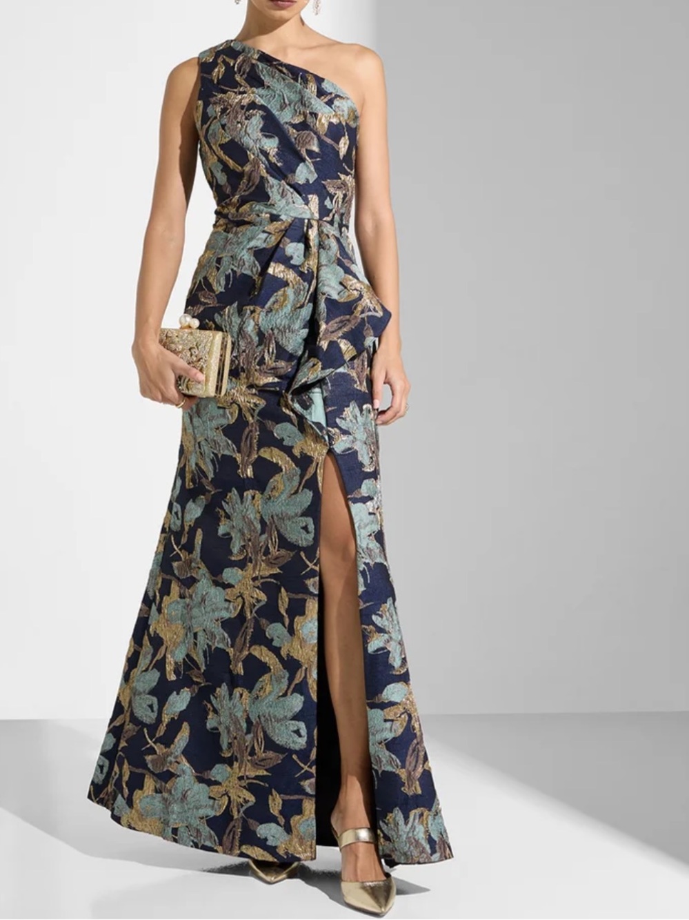 Adrianna Papell One Shoulder Metalic Jacquard Mermaid Dress Size 8 NWT